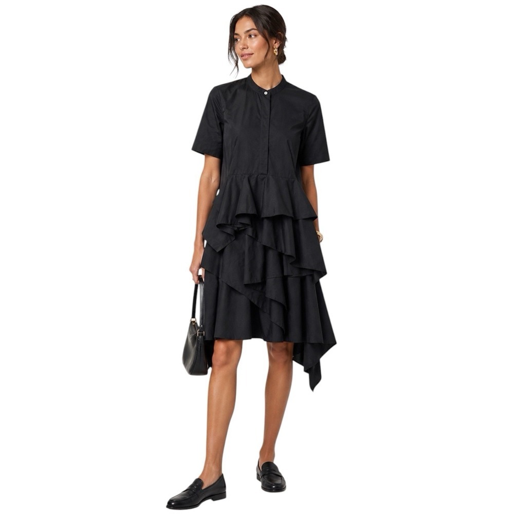 COS Black Tiered Shirt Dress Asymmetrical Ruffle Hem Minimalist Chic. Sz 4